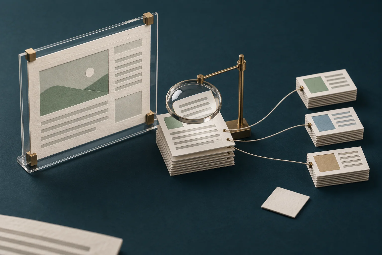 Papiermodell einer Website mit einer Prüflinse über ihren Inhalten und Fäden zu drei strukturierten Dokumentstapeln.
